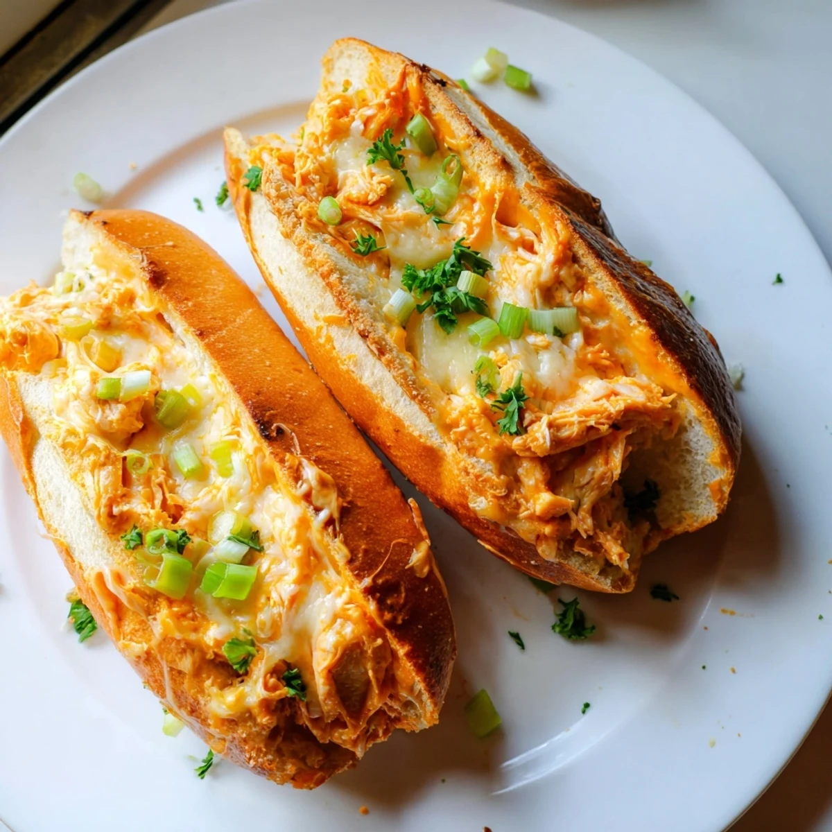 Serviert warm Tailgate Buffalo Chicken Dip Stuffed Bread, belegt mit grünen Zwiebeln und gehackter Petersilie, für den perfekten Snack.