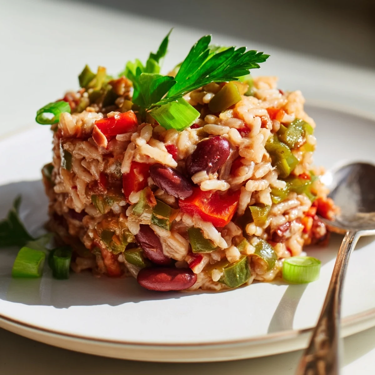 Vibrant Mardi Gras Veggie Jambalaya in a pot, garnished with fresh green onions and parsley.