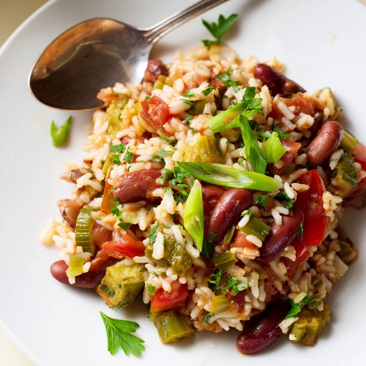Hearty Mardi Gras Veggie Jambalaya topped with lemon wedges, ready for a festive celebration.