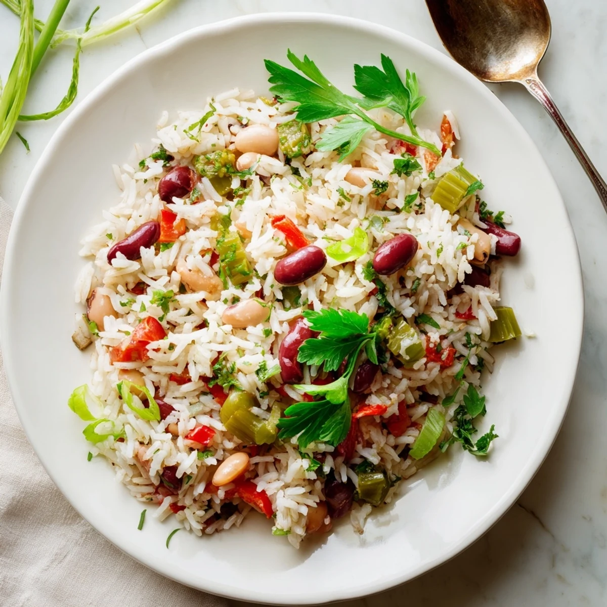 Colorful Creole Mardi Gras Veggie Jambalaya with rice, okra, and bell peppers served hot.