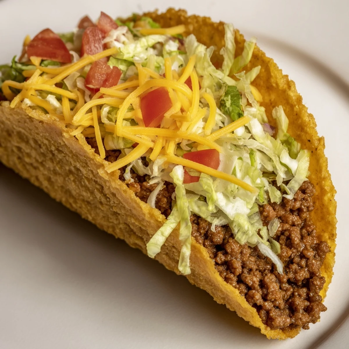 Crispy hard beef taco shells filled with seasoned ground beef, melted cheese, fresh lettuce, and tomatoes, ready to serve.