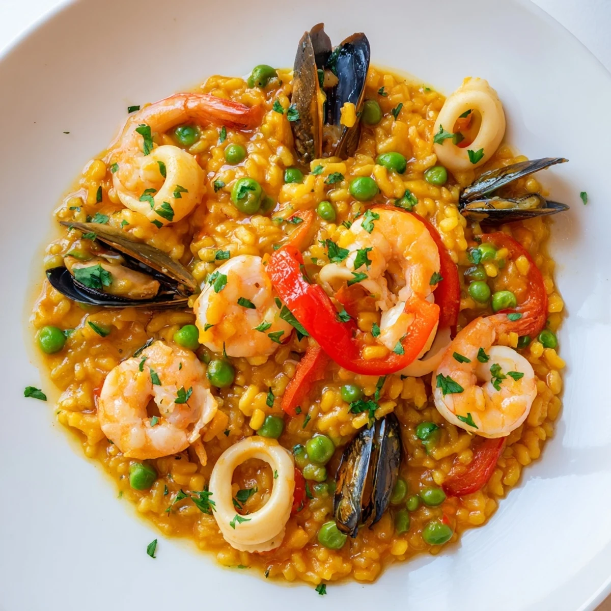 Gegarte Garnelen, Muscheln und Tintenfischringe ruhen auf duftendem Safranreis in einem dampfenden Romantic Seafood Paella with Saffron.