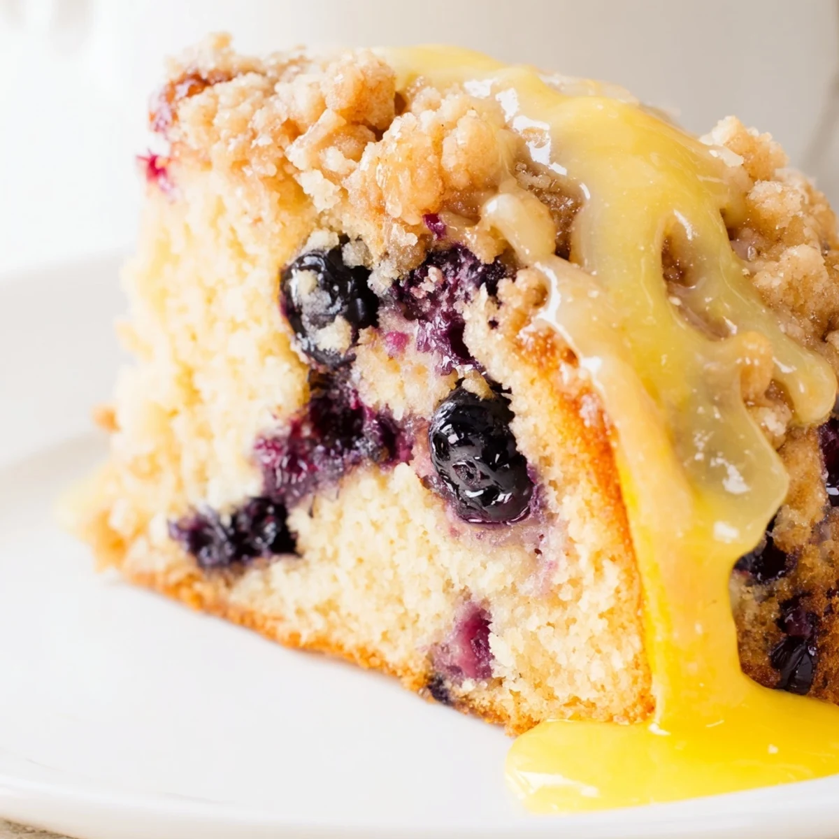 Feuchtiger Lemon Blueberry Coffee Cake mit knusprigem Crumble und frischen Blaubeeren auf einem Holztisch.