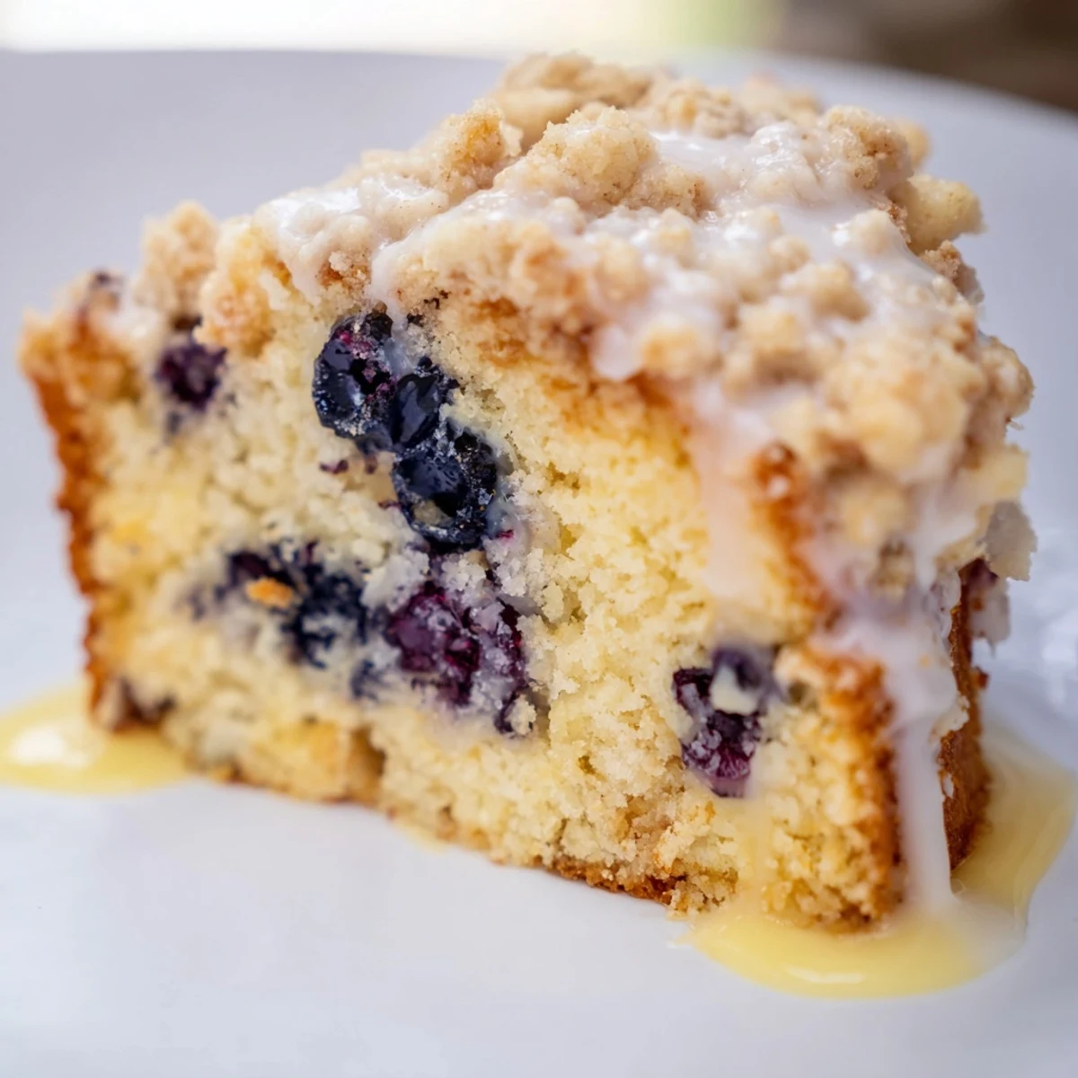 Saftiger Lemon Blueberry Coffee Cake mit Streuseln und Zitronenaroma, ideal zu Kaffee oder Tee im Garten.