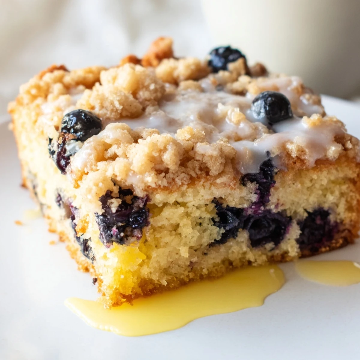 Heller Lemon Blueberry Coffee Cake mit glasierter Oberfläche und Blaubeeren, auf weißem Tellertuch für Food-Fotos.
