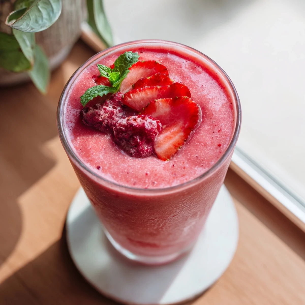 Creamy Valentine Red Berry Smoothie served in a glass, topped with fresh strawberries and raspberries beside a sprig of mint.