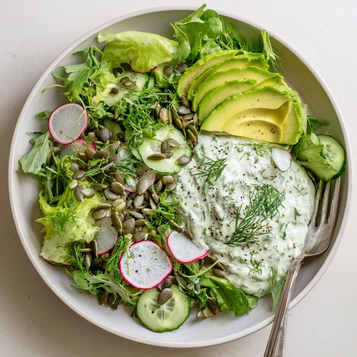 Frischer grüner Salat mit cremiger Green Goddess Dressing, avocadogeschmückt und auf pepitas getoppt.