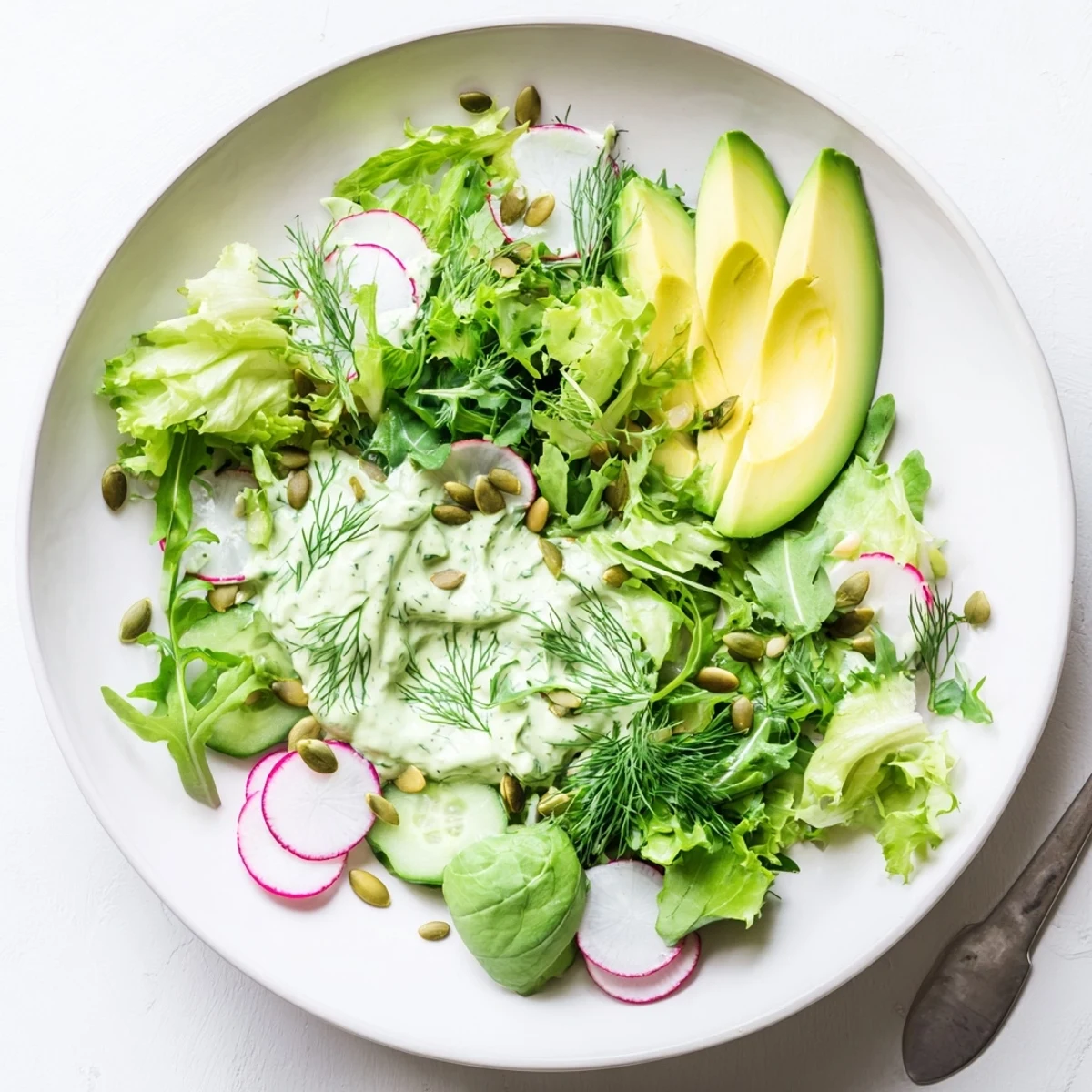 Green Goddess Dressing übergossener grüner Salat mit Rucola, Gurken, Radieschen und Kräutern für eine leichte Mahlzeit.