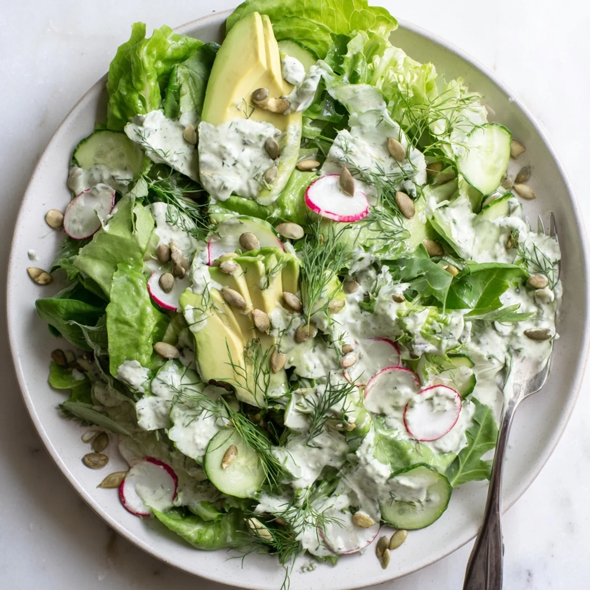 Kräuterreicher grüner Salat mit Green Goddess Dressing, Avocadoscheiben und gerösteten Kürbiskernen für einen knackigen Biss.