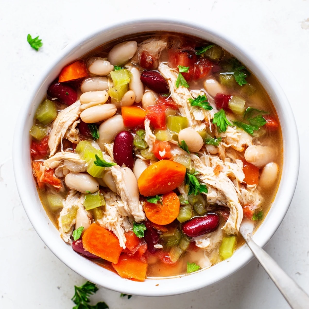 Hearty bowl of Creole Bean Soup with Turkey, garnished with fresh parsley and diced turkey on top.