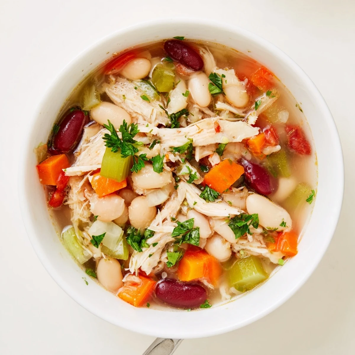 Warm ladle of Creole Bean Soup with Turkey served alongside crusty bread for dipping.