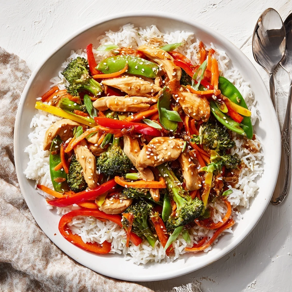 Gericht mit Chicken Veggie Stir Fry und Reis: Tendes Hähnchen mit knackigem Gemüse im würzigen Sauce auf duftendem Reis, garniert mit Sesam.  