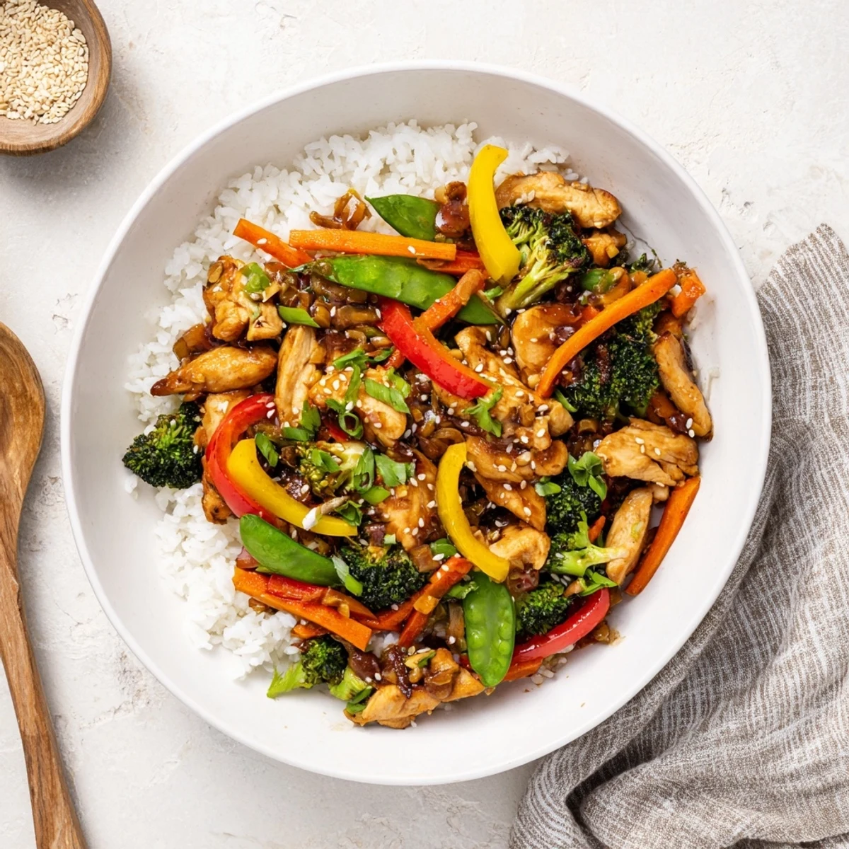 Köstliche Chicken Veggie Stir Fry-Suppe mit Reis, serviert auf einem hellen Teller mit glasigem Hähnchen, bunten Gemüsestücken und würziger Sauce über fluffyem Reis.