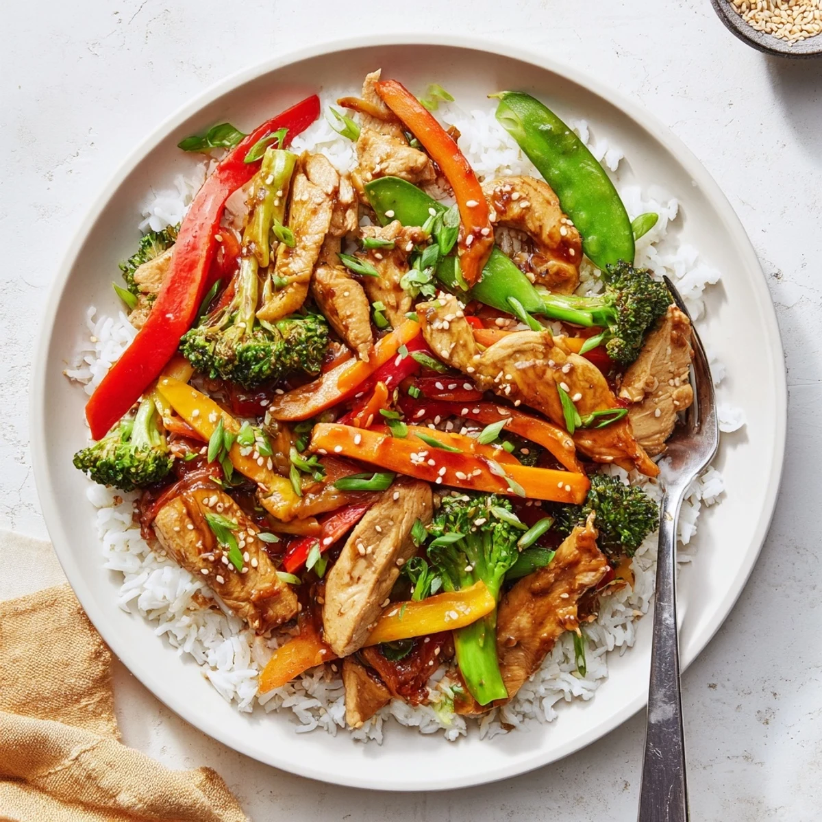 Ein leckeres Chicken Veggie Stir Fry mit Reis, das aus frisch angedünstetem Gemüse, saftigem Hähnchen und gewürzter Sauce besteht, serviert auf einer Reisbasis.  