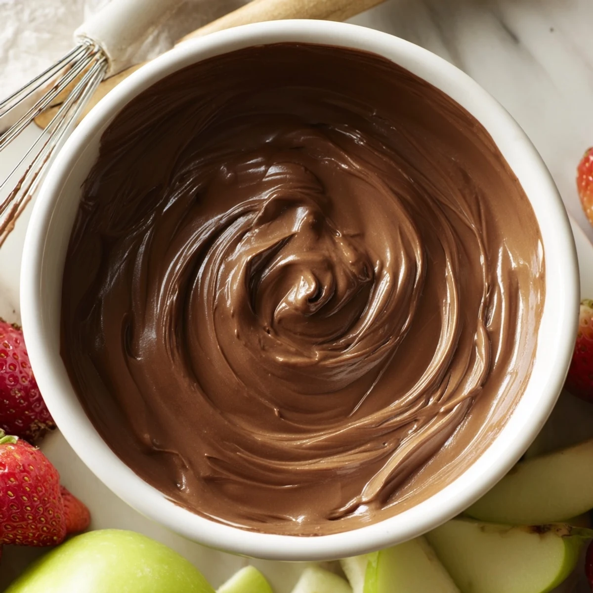 Süße, cremige Chocolate Appetizer Fruit Dip mit frischen Erdbeeren und Apfelscheiben in einer Schüssel.