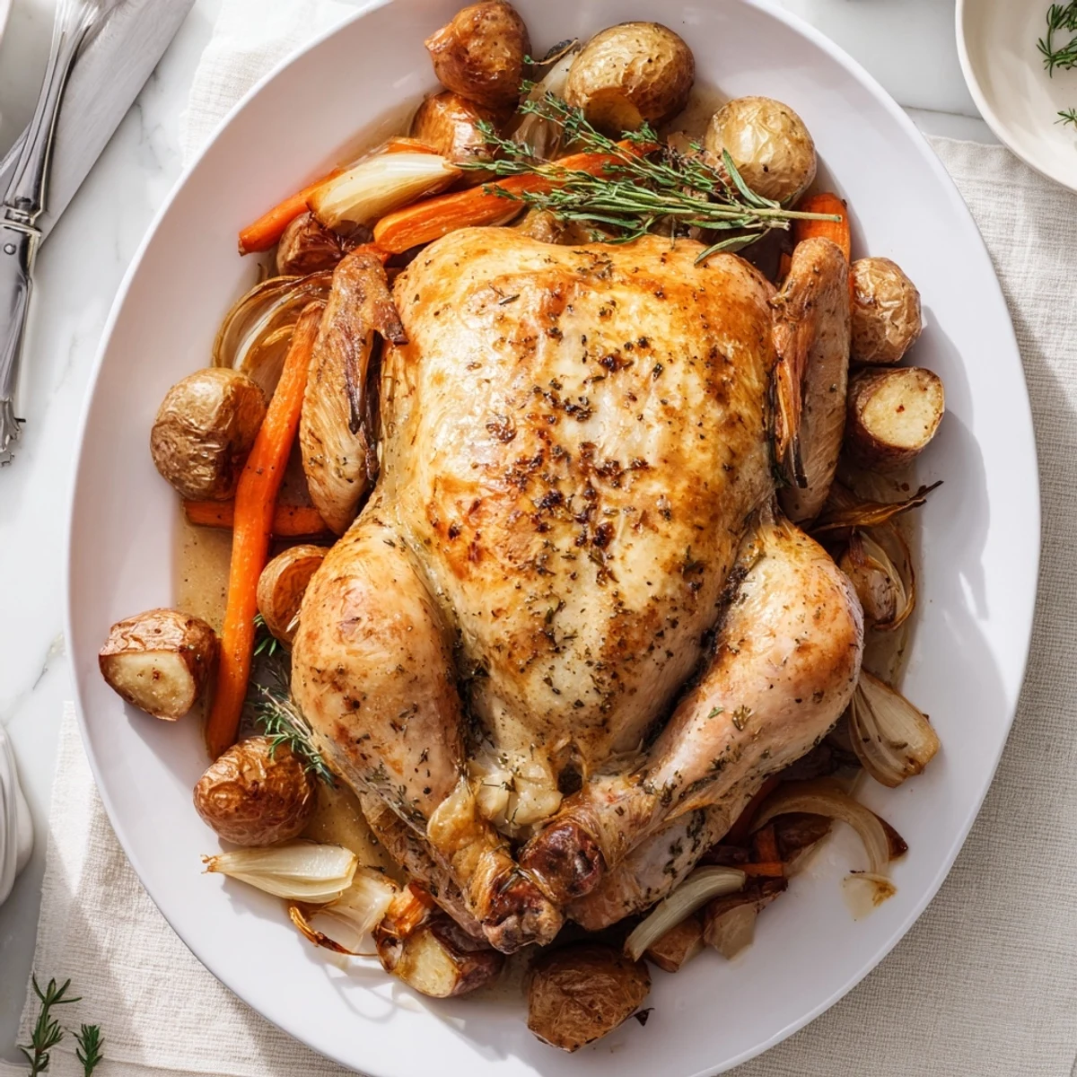A close-up of juicy Lemon Dinner Chicken Roast basted with herbs, served on a dinner table.