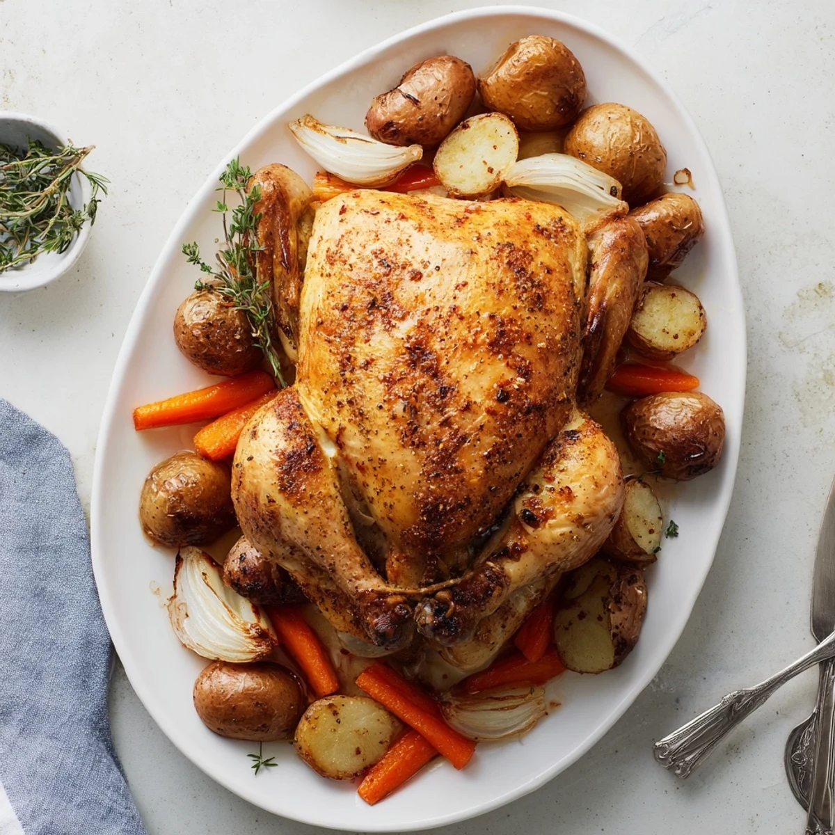 Slices of golden, crispy Lemon Dinner Chicken Roast with roasted potatoes and carrots on a rustic board.