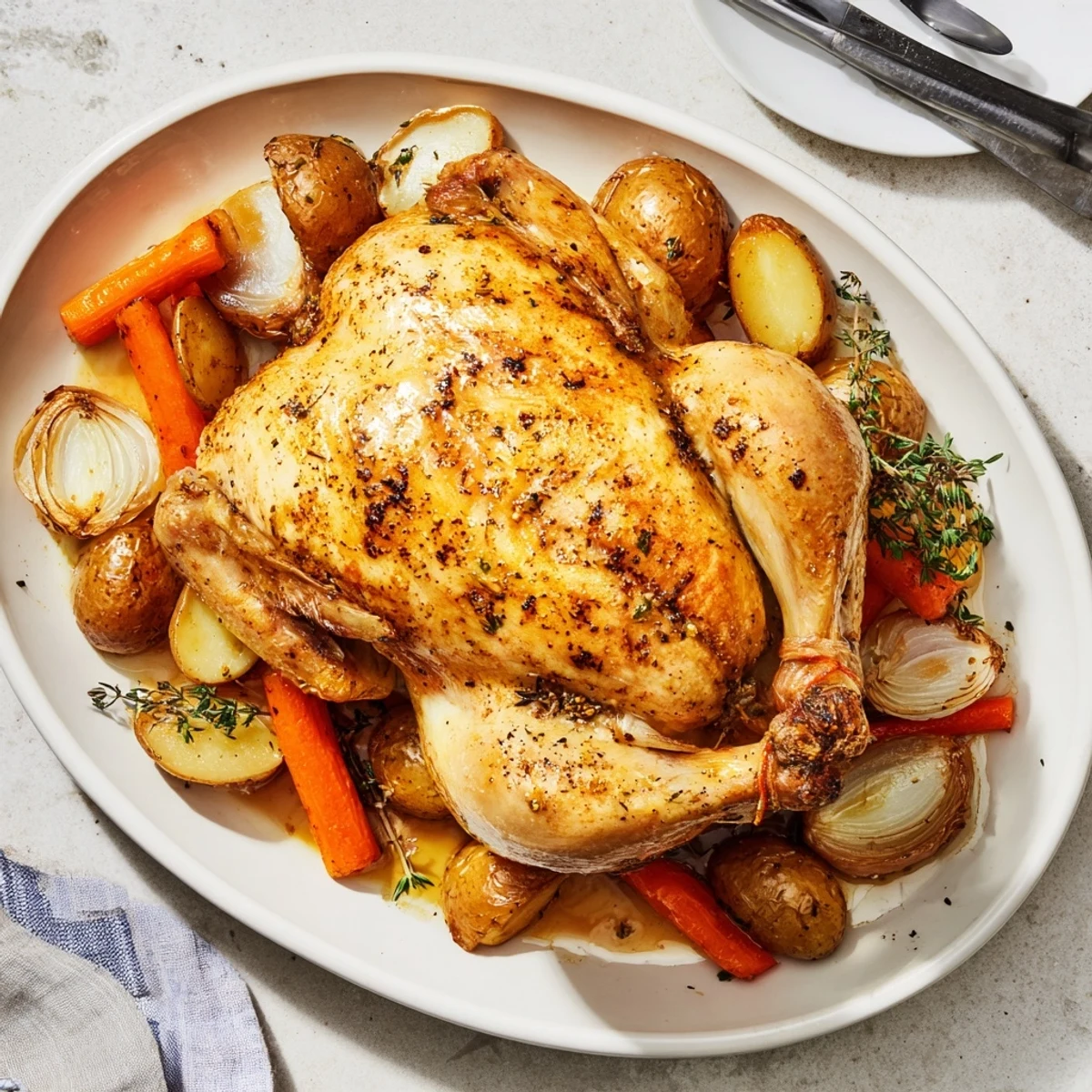 Roasted whole Lemon Dinner Chicken Roast with lemon wedges, rosemary sprigs, and pan juices beside fresh veggies.