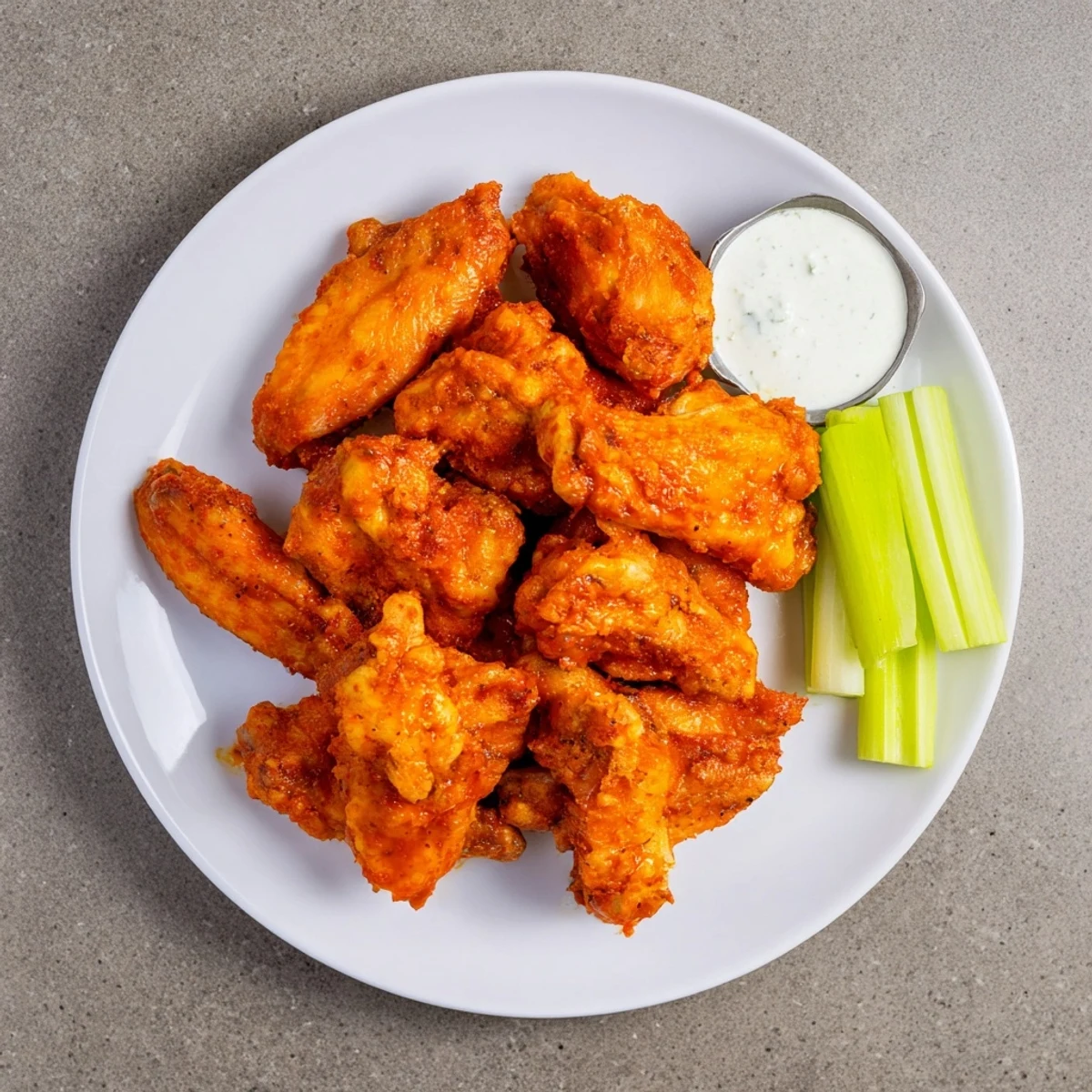 Auf einem schwarzen Teller angerichtete Spicy Chicken Wings, funkelnd von scharfer Sauce und mit cremigem Ranch-Dip sowie frischen Selleriestäbchen garniert.