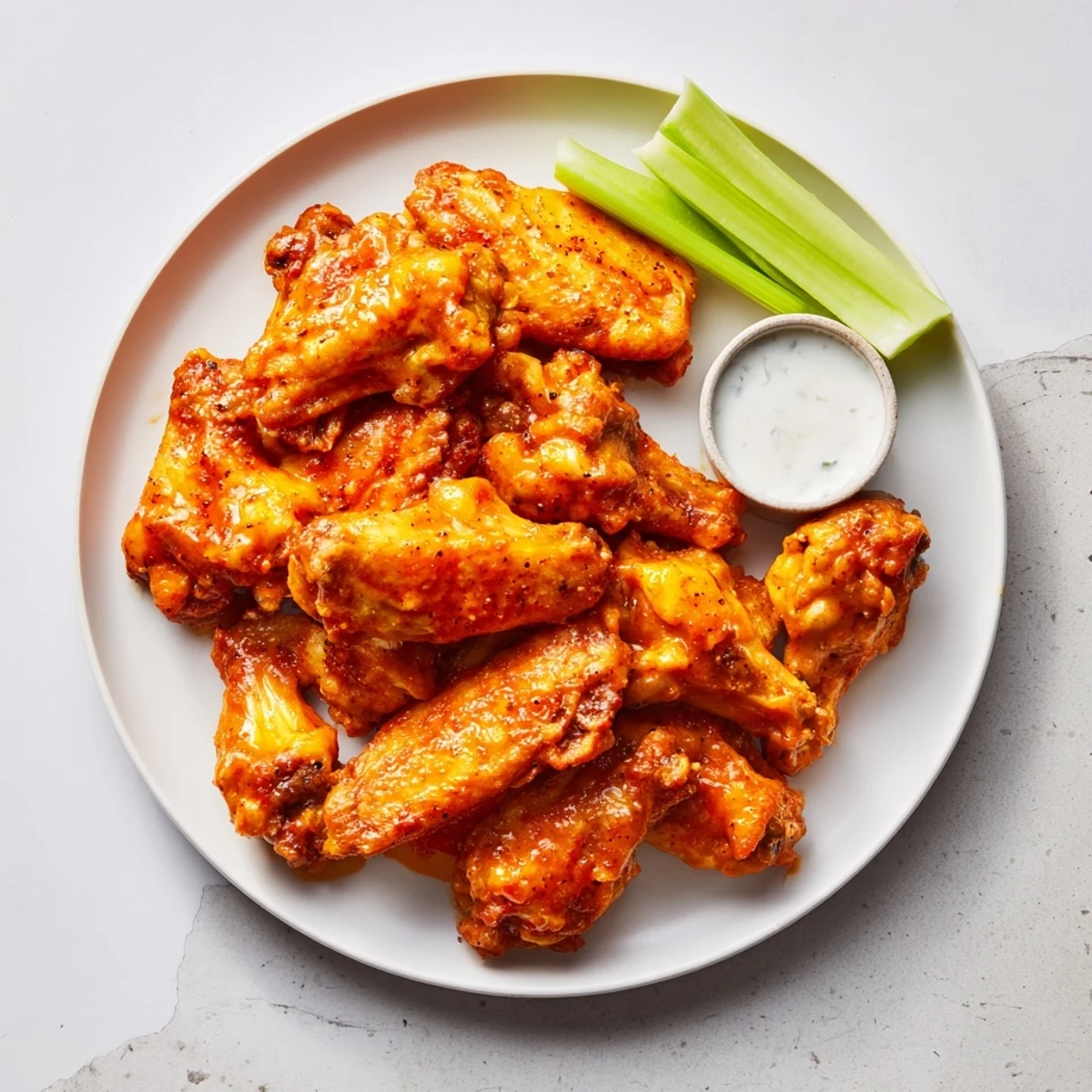 Spicy Chicken Wings aus dem Ofen, knusprig und saftig mit glasierter scharfer Sauce, serviert mit Stangensellerie und Blauschimmelkäse-Dip.