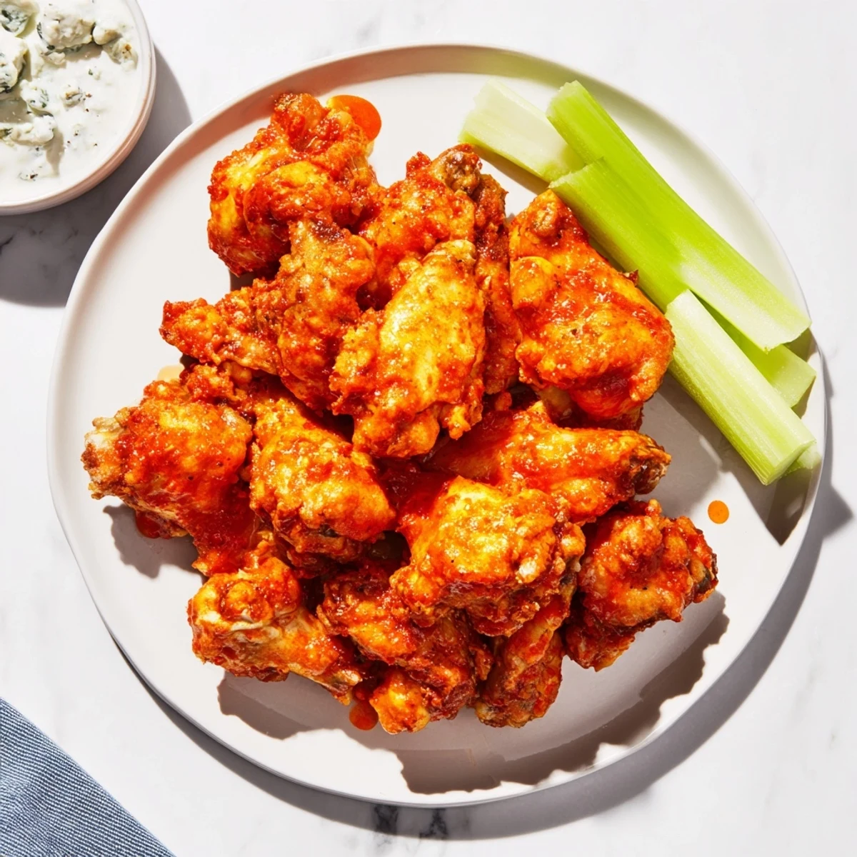 Knusprig gebackene Spicy Chicken Wings in einer Schüssel mit glasierter Schärfe-Sauce, serviert fürs Grillfest mit klassischen Beilagen.