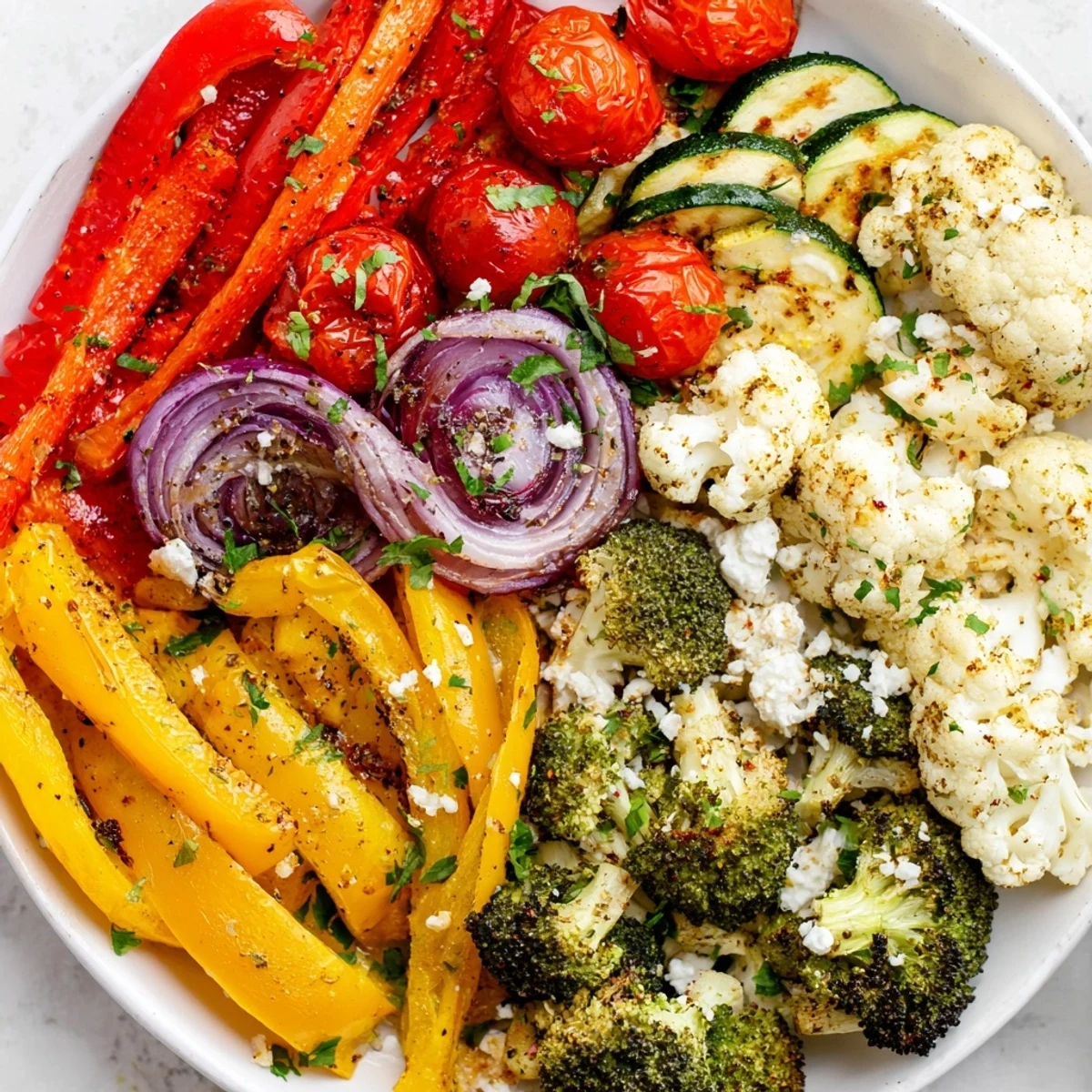 Roasted Appetizer Veggie Tray with colorful peppers, carrots, and zucchini, garnished with fresh parsley and lemon.
