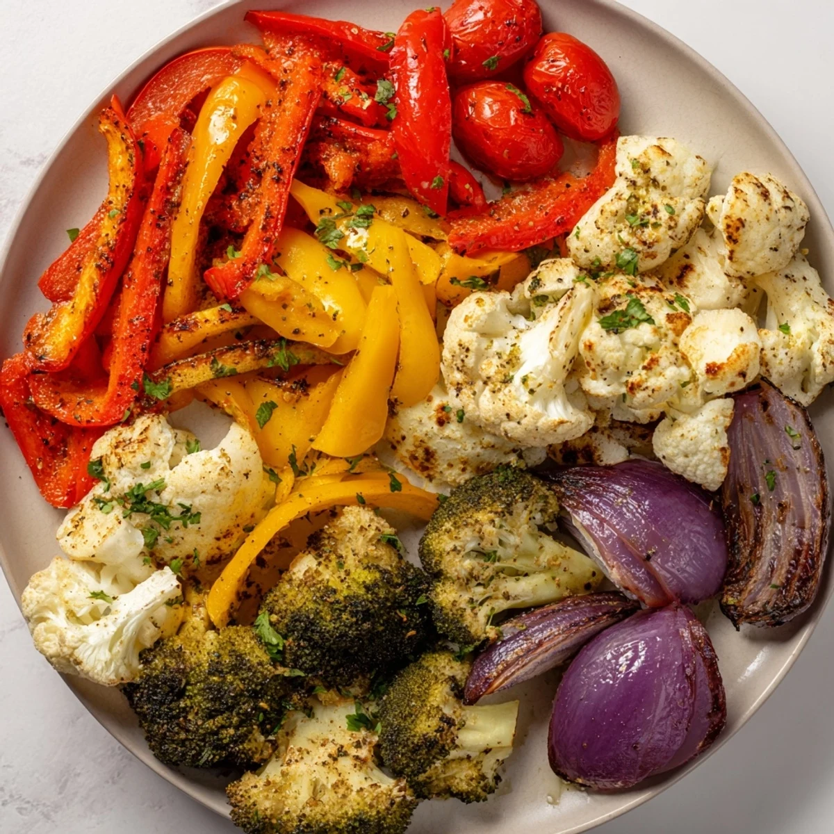 Healthy Roasted Appetizer Veggie Tray with roasted cherry tomatoes and feta, perfect for party grazing.