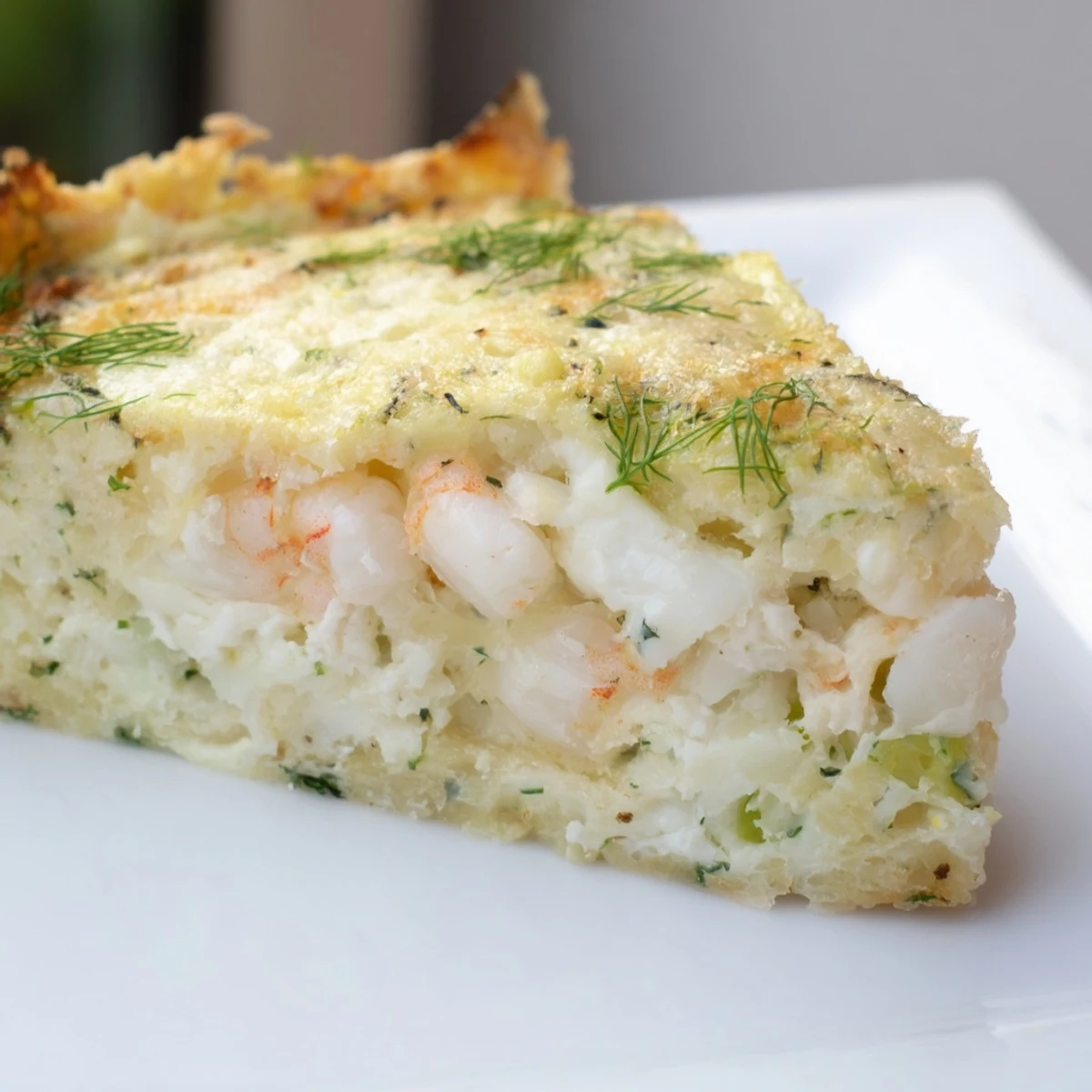 Frisch gebackener Fisch-Apetitkuchen aus der Form geschnitten, garniert mit Dill und Zitronenscheiben auf einer rustikalen Holzplatte.