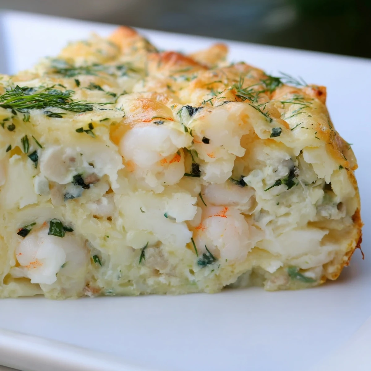 Präsentation des cremigen Fisch-Apetitkuchens mit garnierter Oberfläche und goldenem Ofenrand auf weischem Teller.