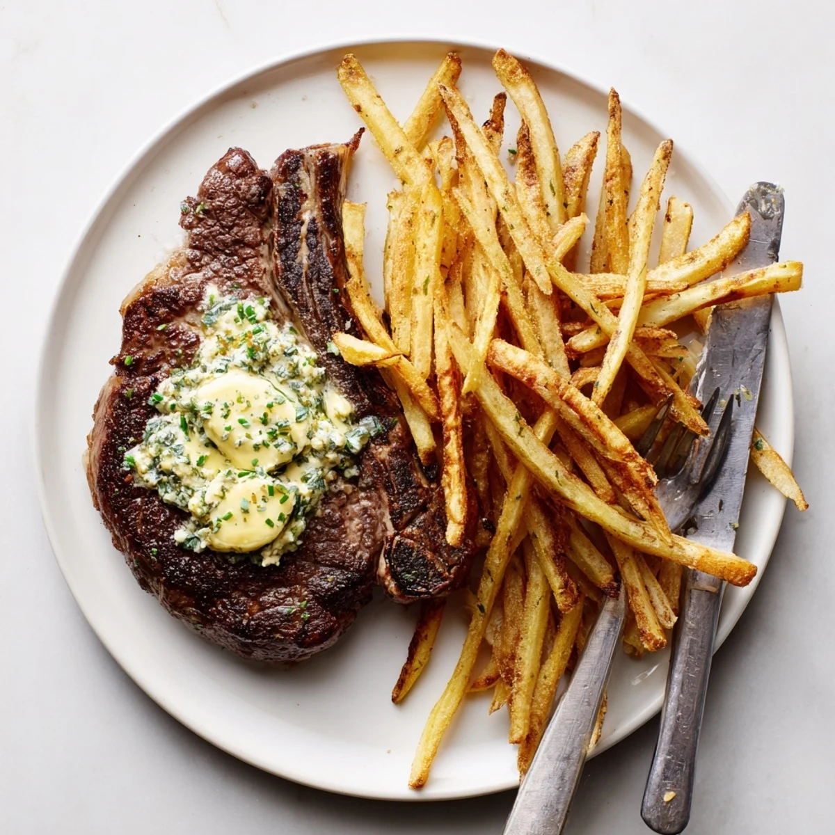 Beef Dinner Steak Frites präsentiert als Hauptgericht mit knusprigen Fritten und cremiger Kräuterbutter für den perfekten Abend.