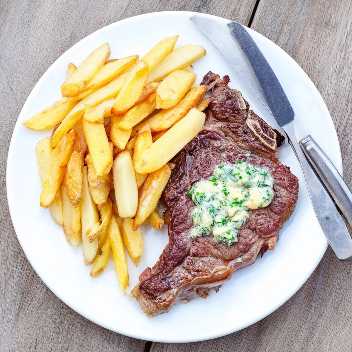 Scharf gebratenes Ribeye Steak mit goldenen Pommes frites und frischer Petersilie garniert für ein klassisches französisches Abendessen.