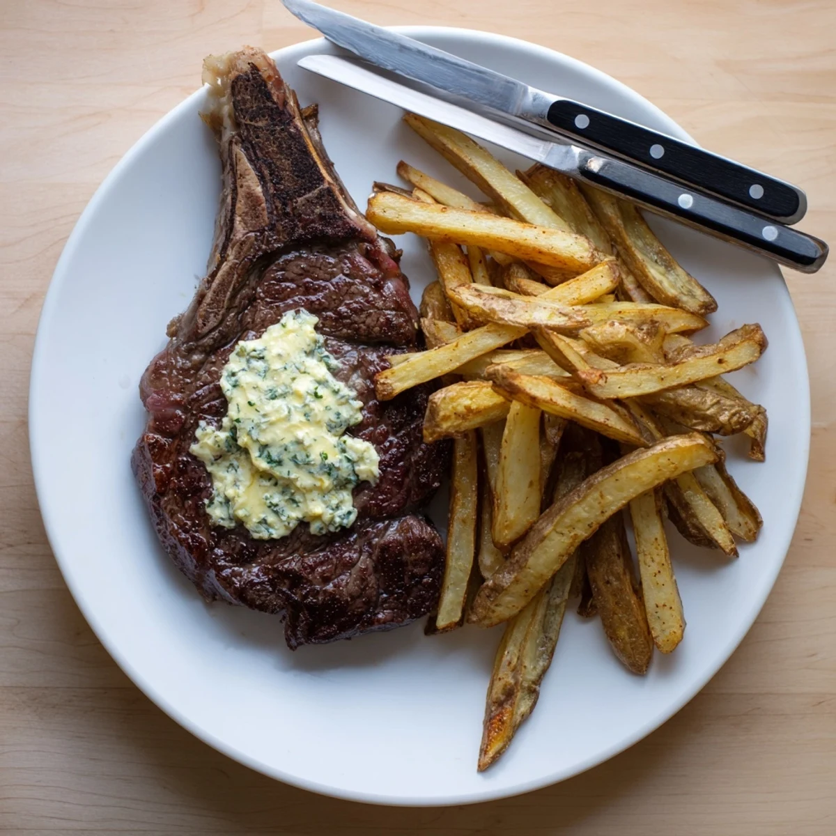 Juicy Steak liegt neben knusprigen French Fries, serviert mit zitroniger Kräuterbutter und frischem Schnittlauch für den französischen Geschmack.