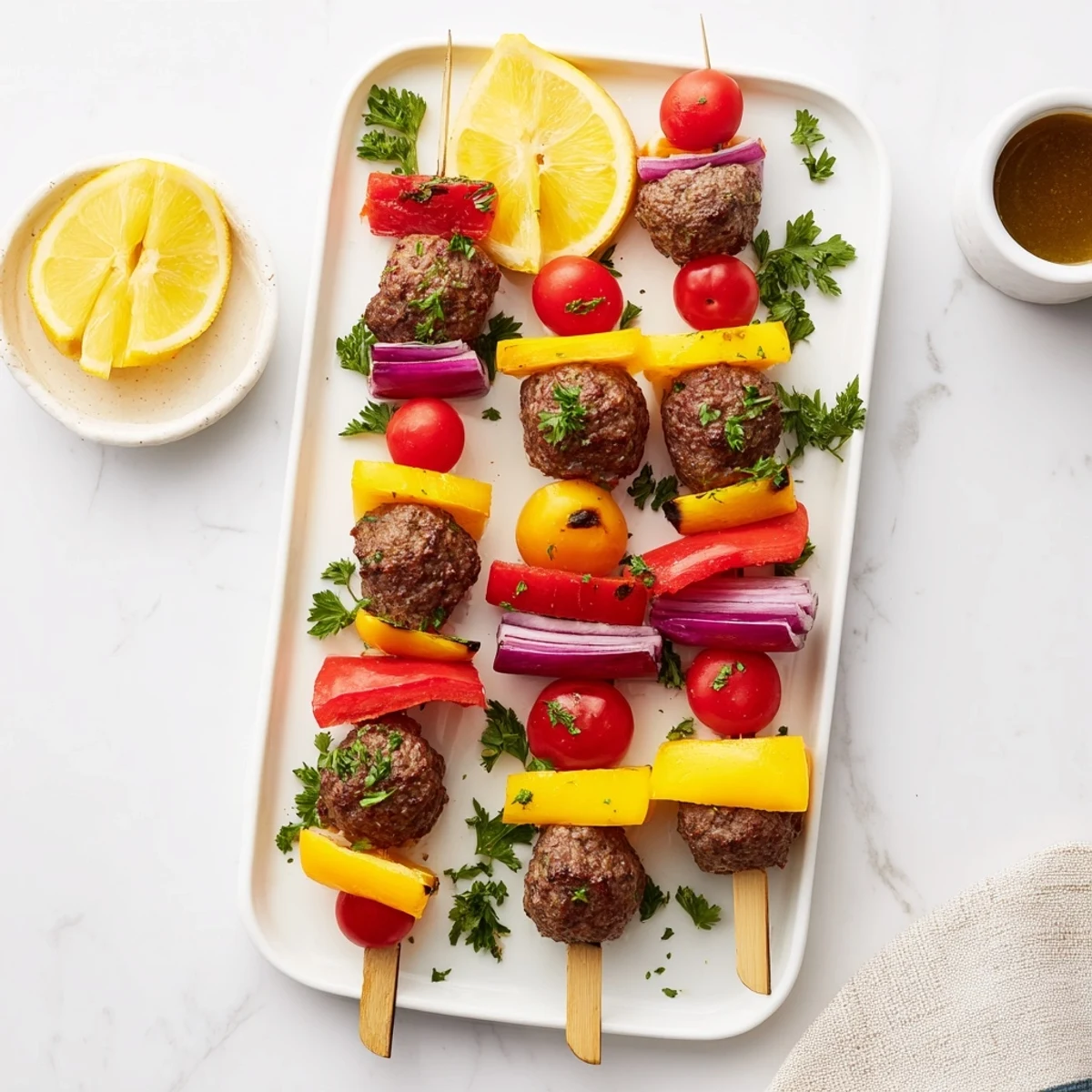 Saftige Beef Appetizer Meatball Skewer, frisch aus dem Backofen mit Petersilie und Zitronenbeilagen für Festtagsbuffets.