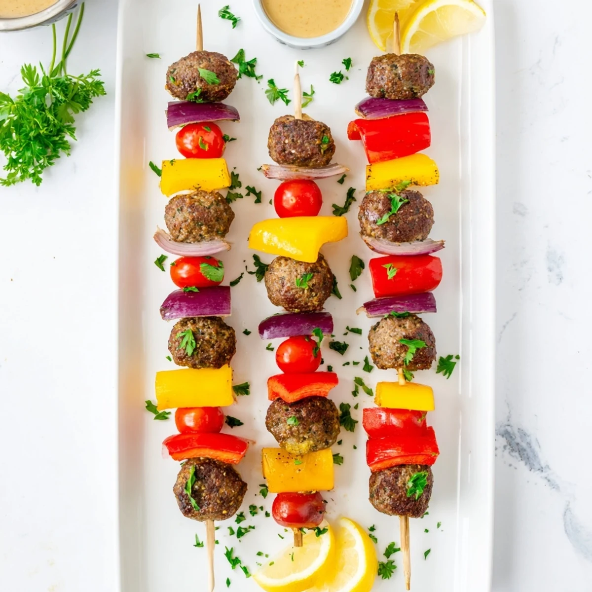 Gegrillte Beef Appetizer Meatball Skewer mit bunten Paprikawürfeln und knackigen Zwiebeln auf Holzspießen.