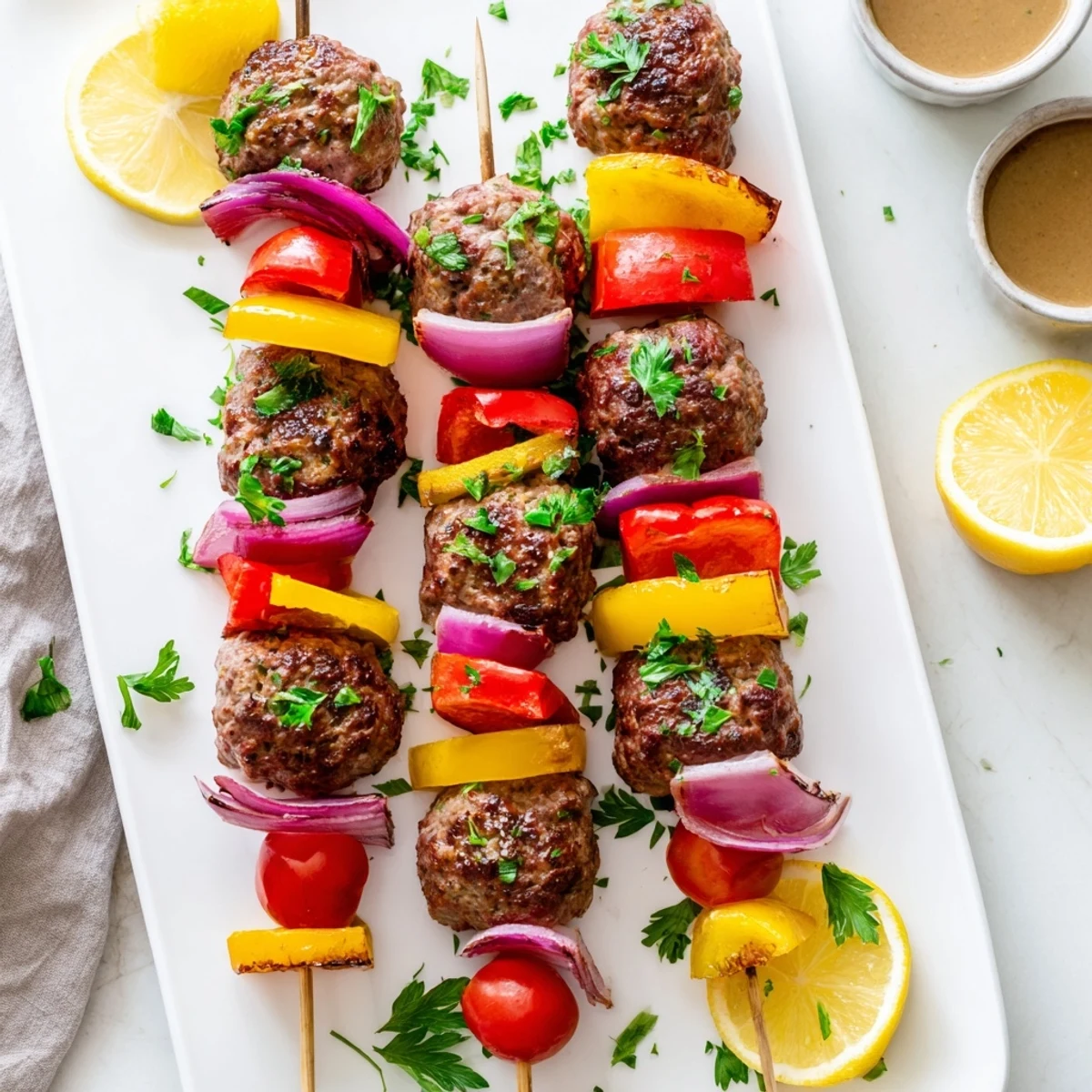 Beef Appetizer Meatball Skewer auf dekorativer Platte mit saftigen Fleischbällchen, Gemüsestreifen und Dip wie Tzatziki.