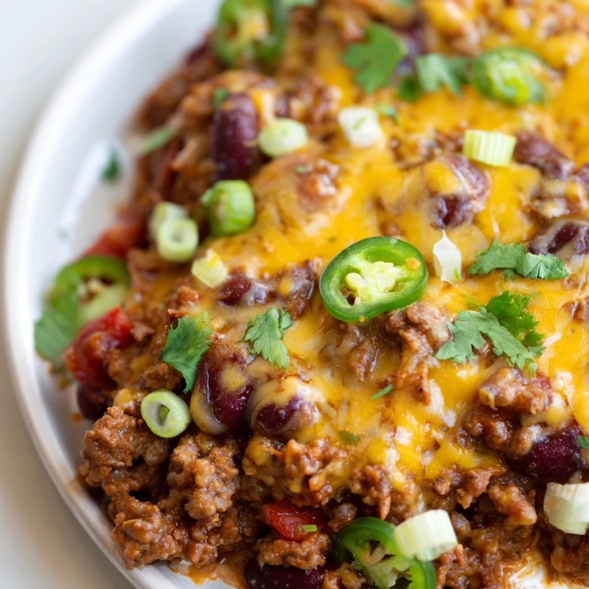 Cremiges Super Bowl Chili Cheese Dip mit würzigem Chili, geschmolzenem Käse und frischen Toppings auf einem Teller.
