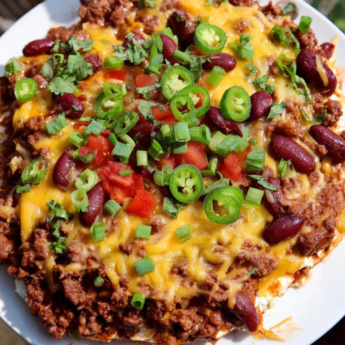 Der Super Bowl Chili Cheese Dip auf einem rustikalen Teller, umgeben von knusprigen Tortilla-Chips zum Dippen.