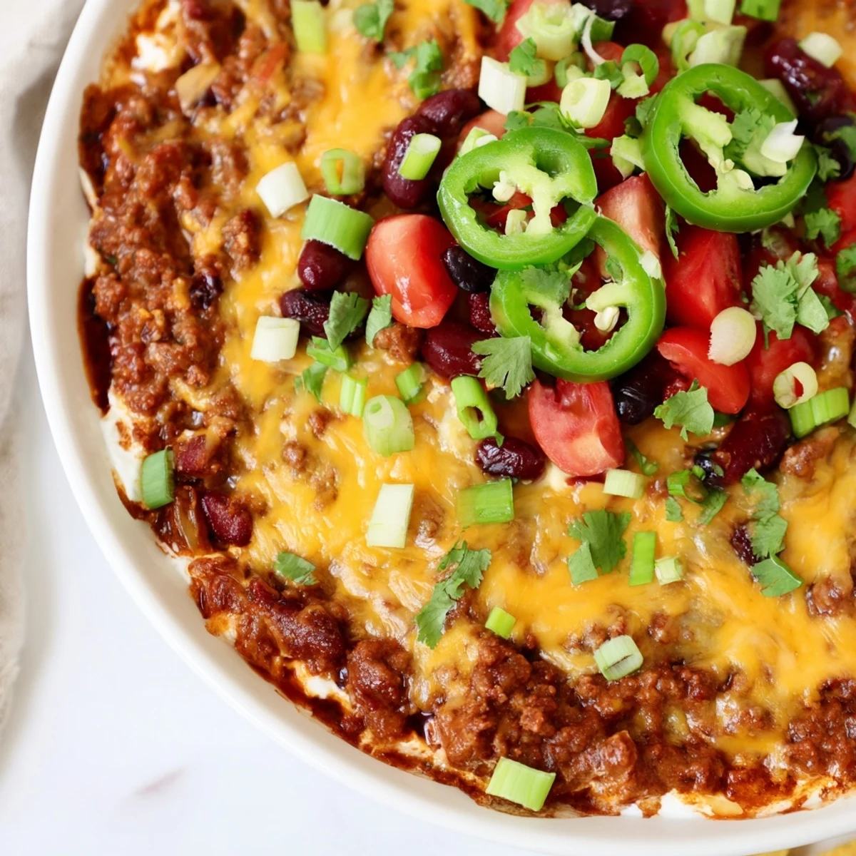 Der goldbraune Super Bowl Chili Cheese Dip im Ofen, toppen mit frischem Koriander und grünen Zwiebeln.
