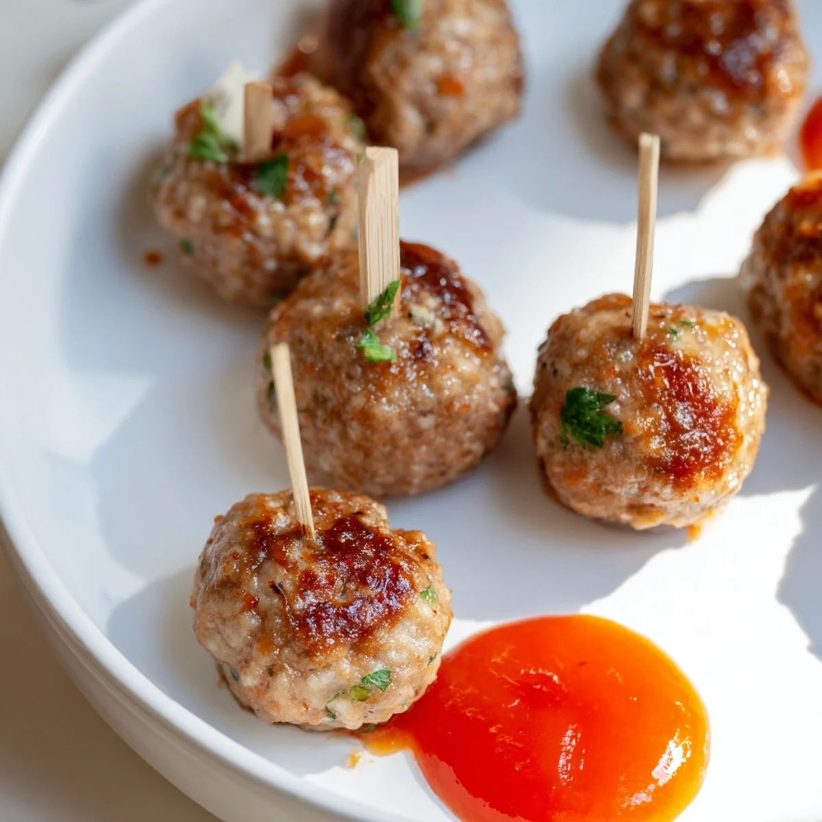 Saucy Turkey Appetizer Meatball Bites with parsley, served on toothpicks for a party platter.