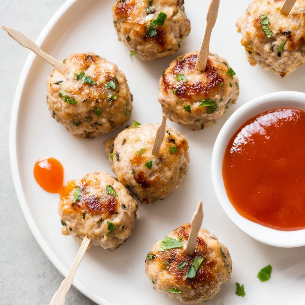 Garlicky Turkey Appetizer Meatball Bites paired with a smoky honey mustard dip and fresh herbs.