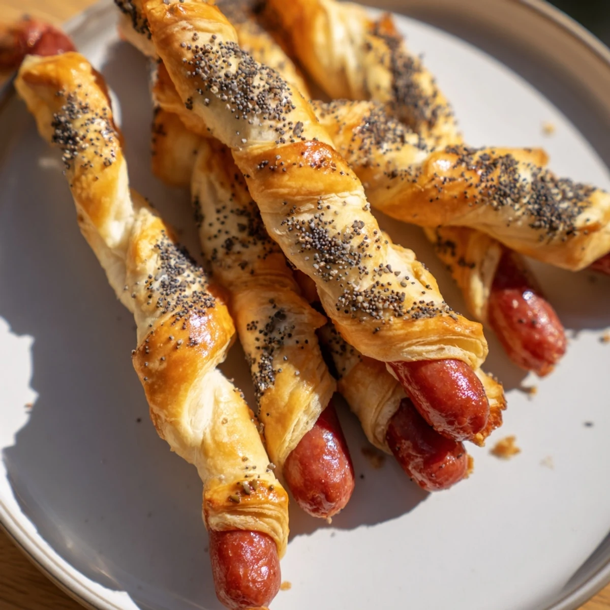 Gesättigte Aufnahme von gebackenen „Super Bowl Pigs in a Blanket with Beef Sausage“, frisch aus dem Ofen und goldbraun.