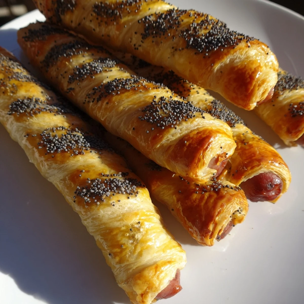 Goldene „Super Bowl Pigs in a Blanket with Beef Sausage“ mit flakigem Teig, serviert mit scharfem Senf und BBQ-Sauce.