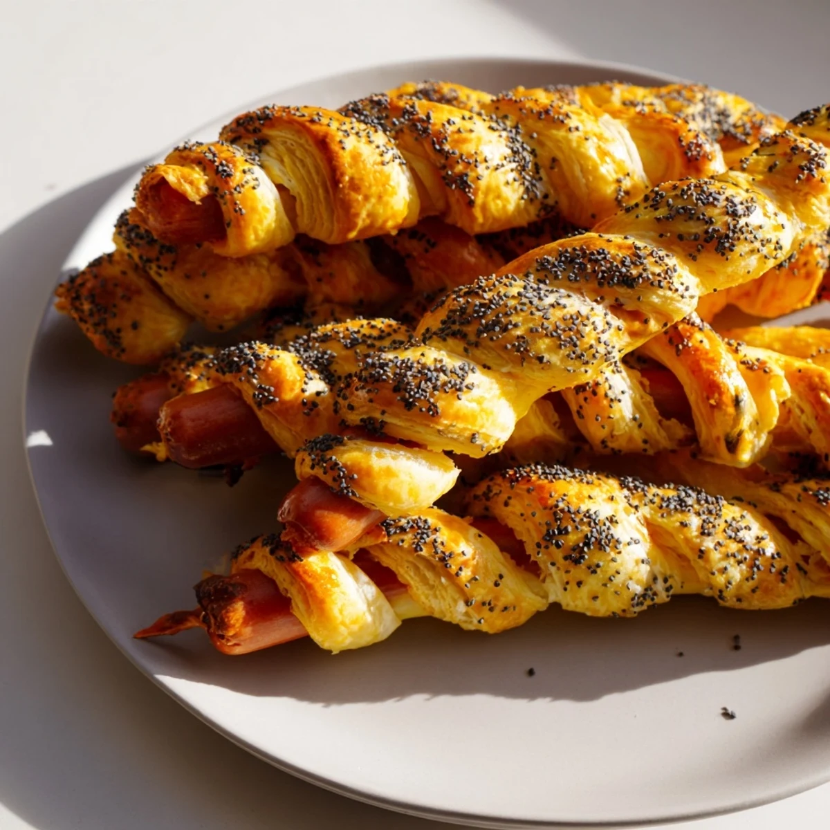 Bunte Schale mit „Super Bowl Pigs in a Blanket with Beef Sausage“ und Dip-Saucen für den Game Day Snack.