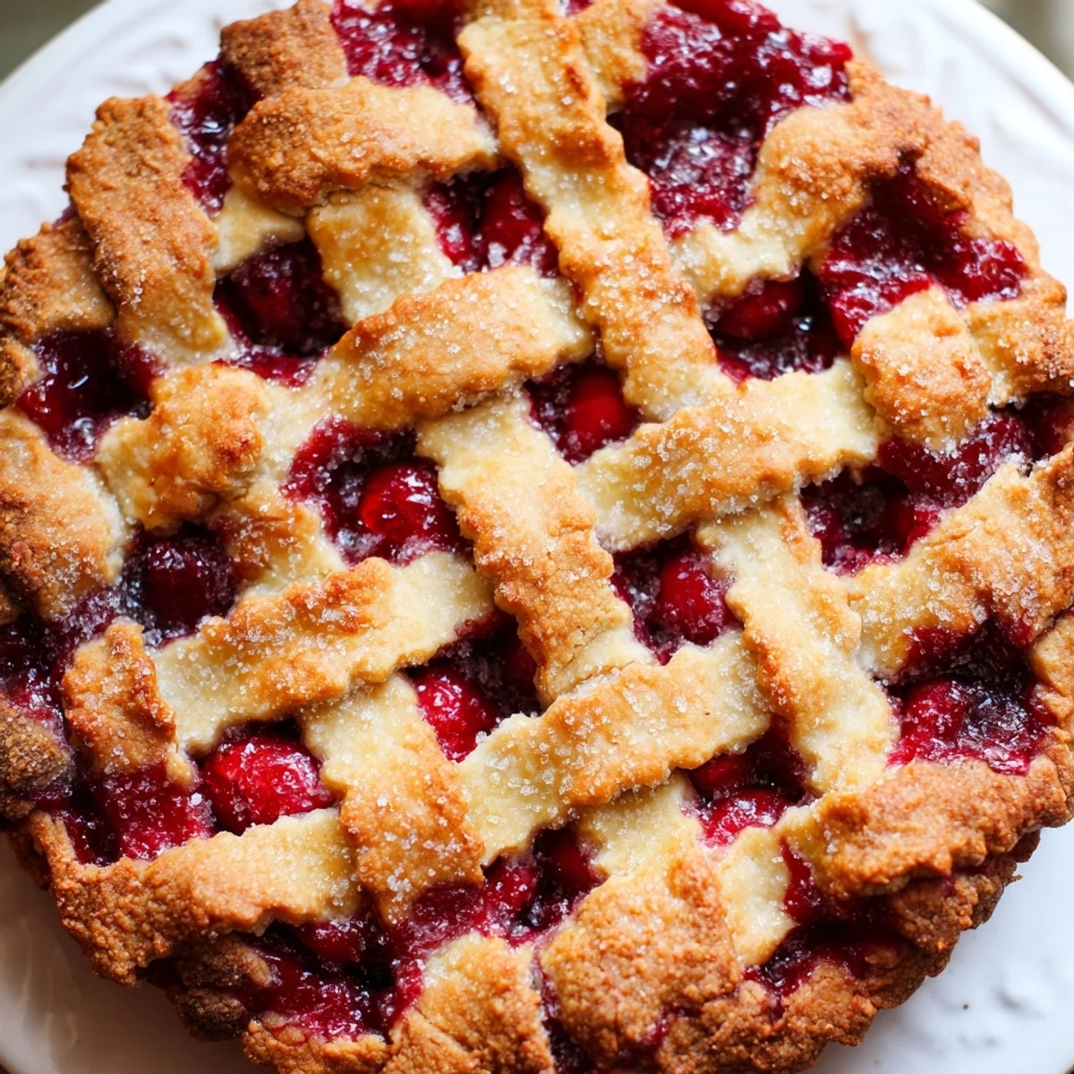 A golden-brown Sweetheart Cherry Pie reveals glossy, bubbling filling beneath an intricate lattice crust at a rustic table.  