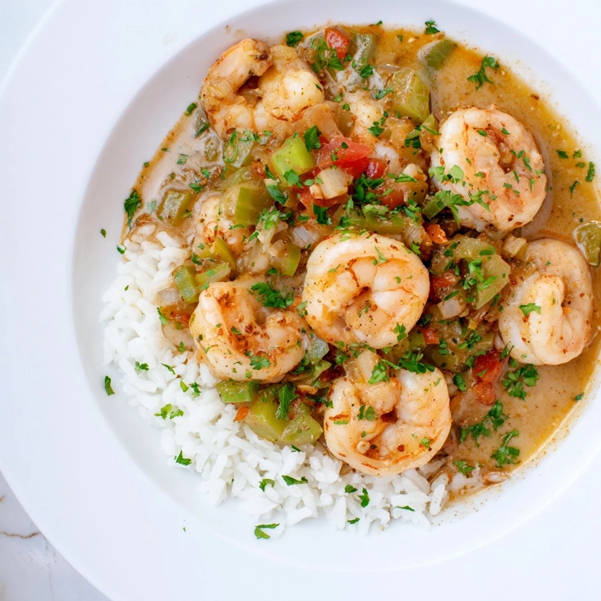 Garnicht Creole Shrimp Étouffée dampft über einem Haufen fluffy Reis, serviert mit einer Zitronenscheibe.