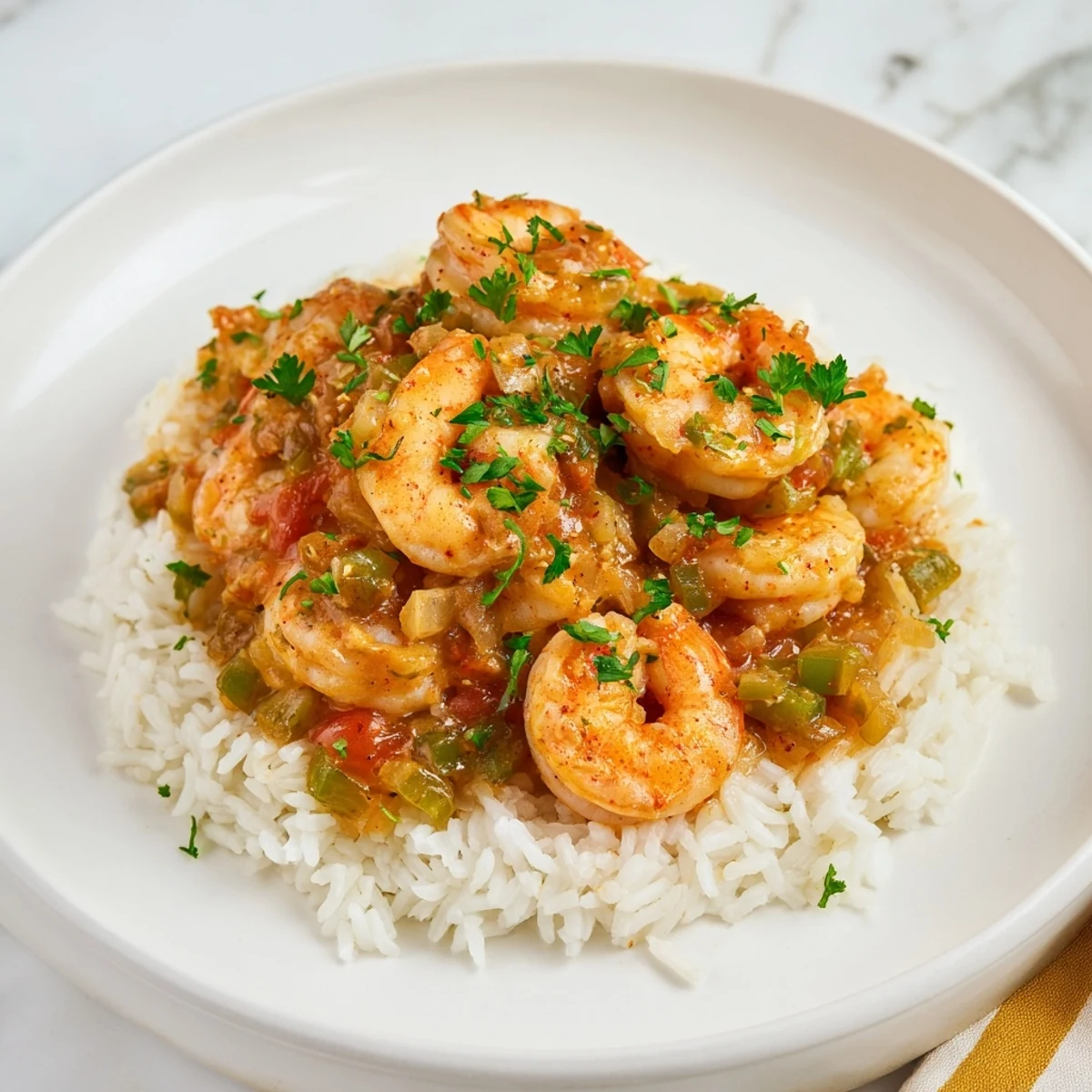 Ein Teller Creole Shrimp Étouffée mit Fluffy Rice, garniert mit frischer Petersilie und grünen Zwiebeln.