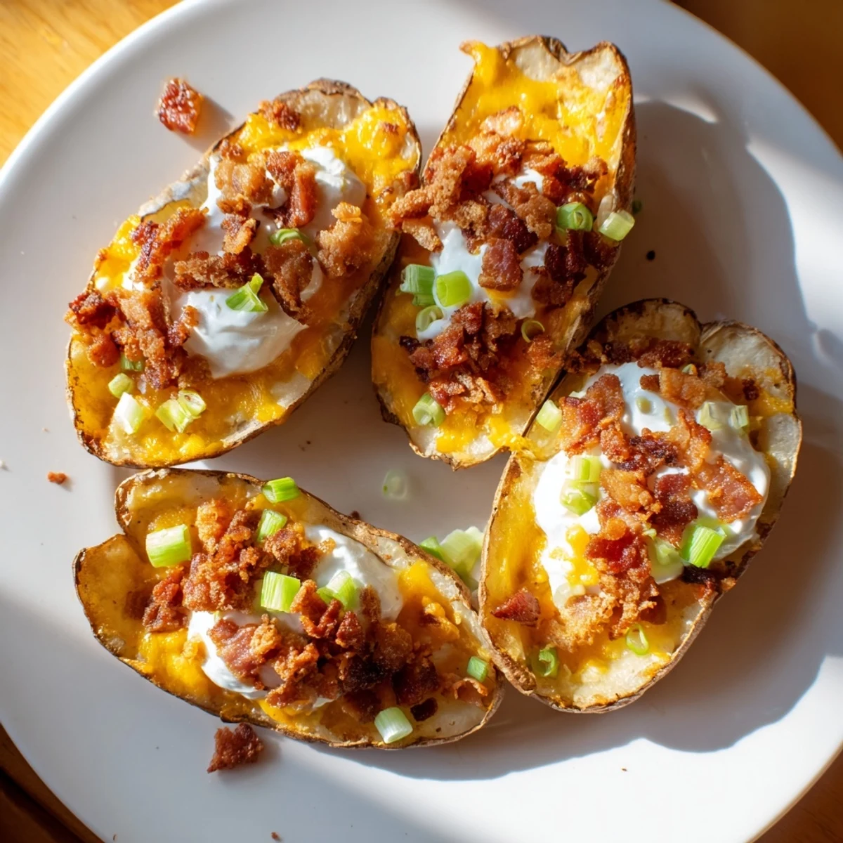 Golden-brown Game Day Loaded Potato Skins with Cheese filled with melted cheddar and crispy bacon crumbles.