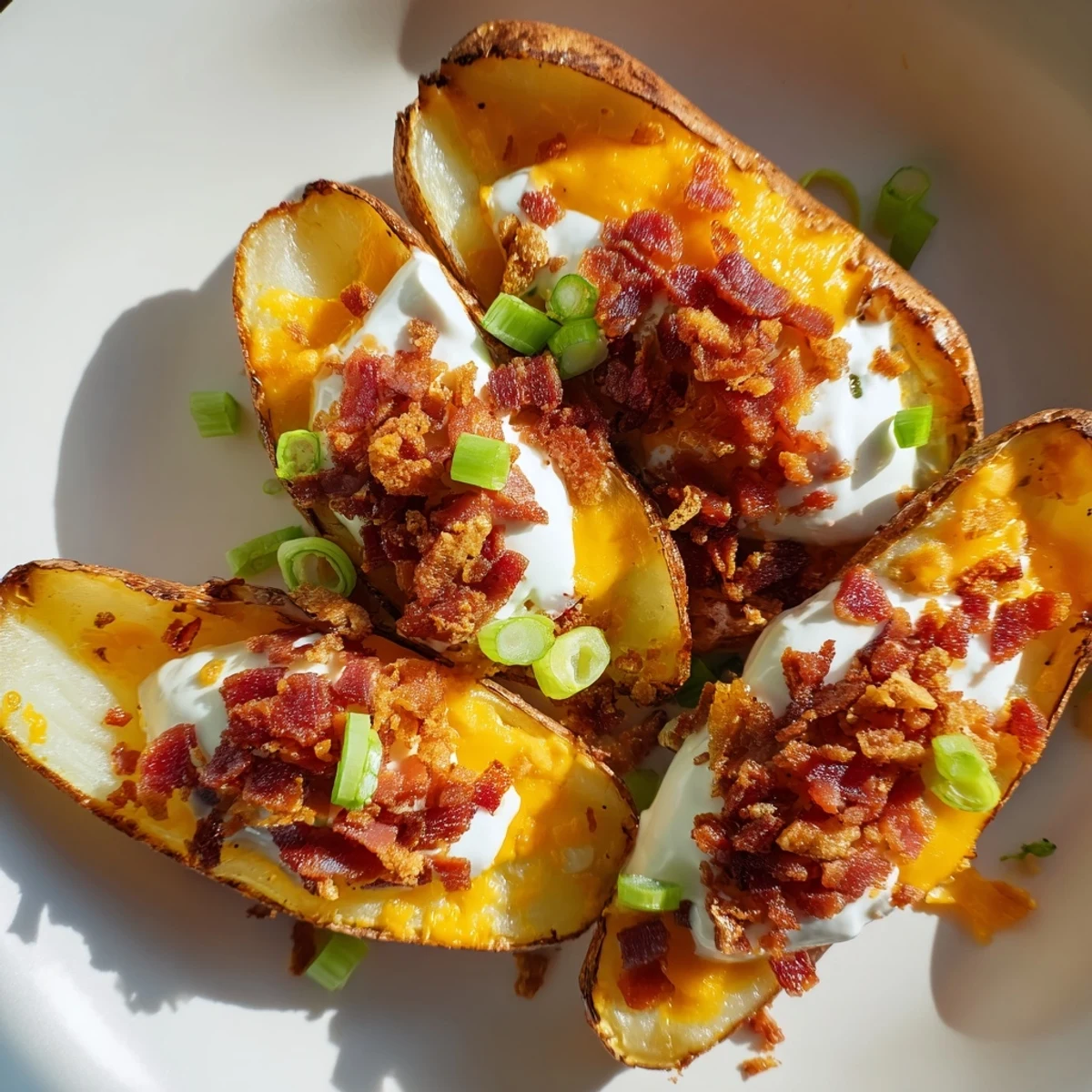 Sizzling Game Day Loaded Potato Skins with Cheese topped with sour cream and fresh green onions on a platter.