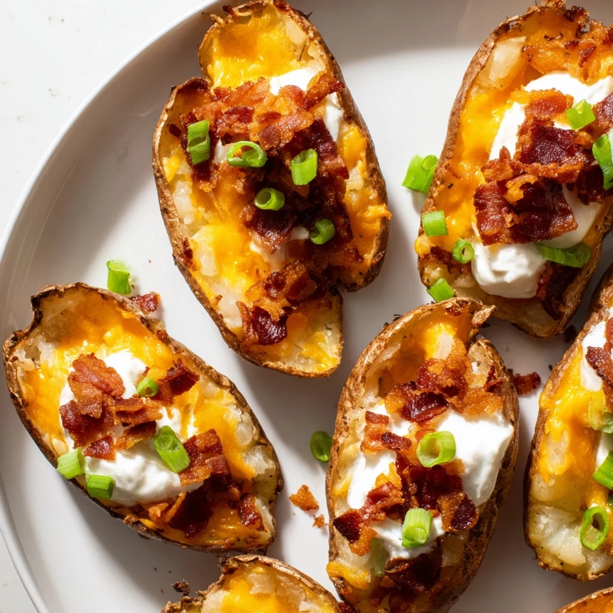 Freshly baked Game Day Loaded Potato Skins with Cheese served hot with chives, ready for a game day spread.