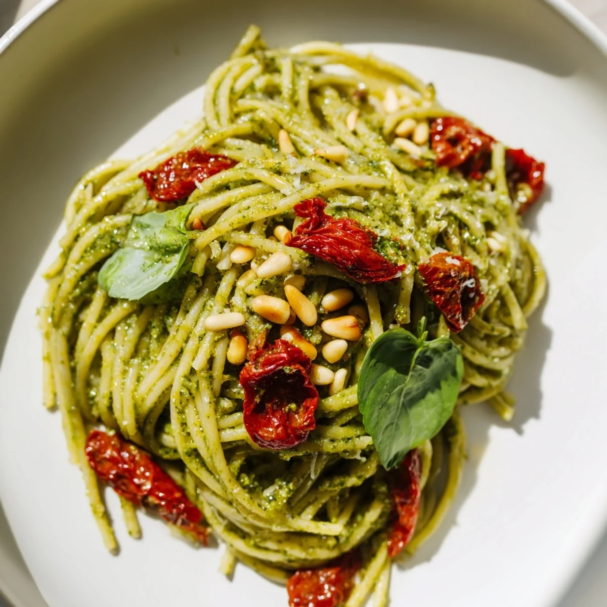 Grünes Pesto Pasta mit getrockneten Tomaten garniert mit Käse und Pinienkernen auf einem weissen Teller.
